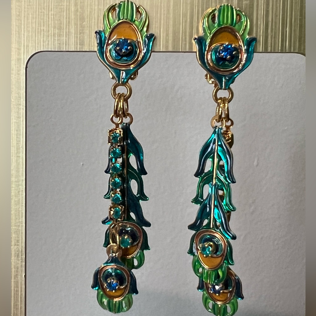 Lunch At The Ritz Latr 2go Peacock Feathers Clip Earrings Euc